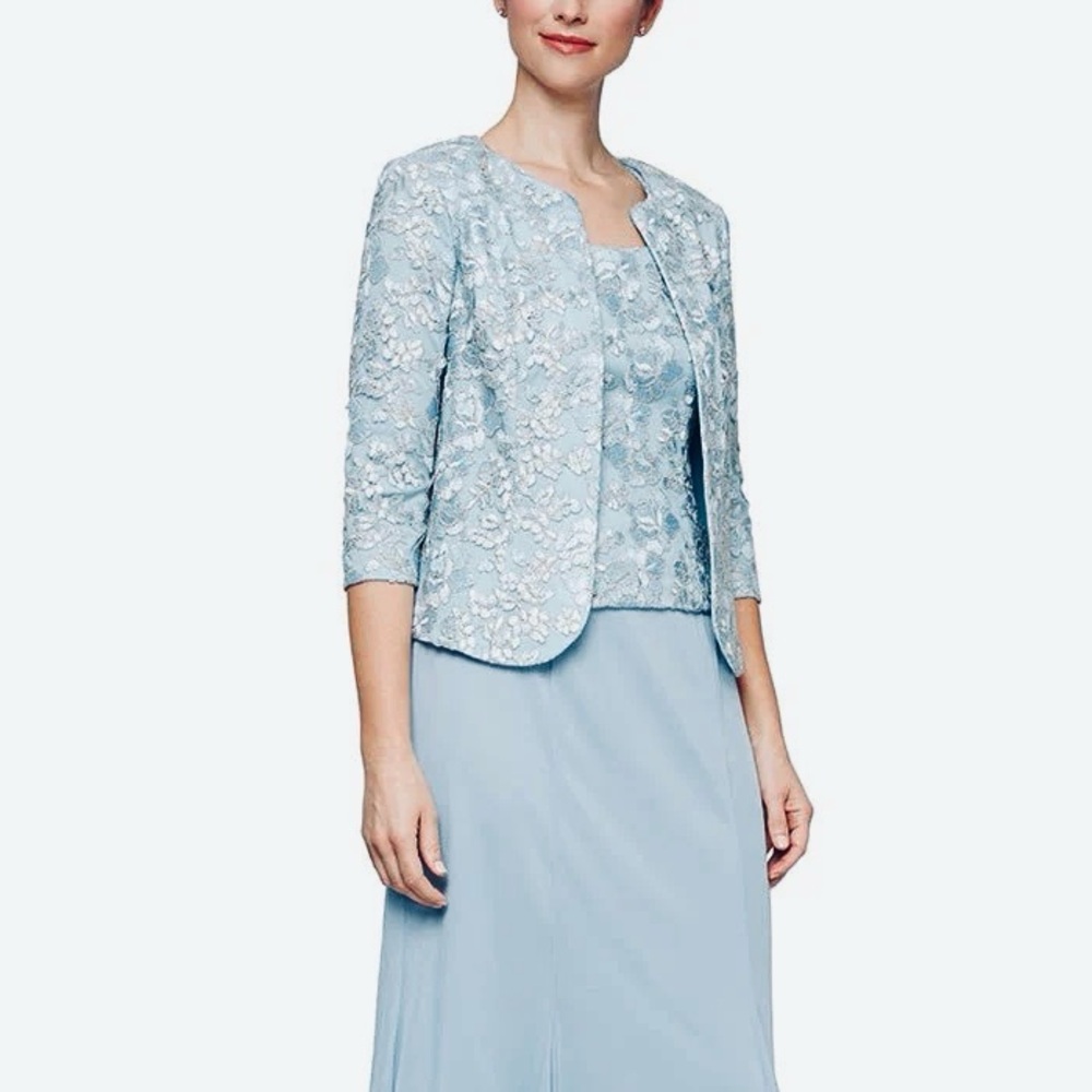 ALEX EVENINGS Dress & Jacket Wedding Blue Lace Chiffon 3/4 Slve NWT Sz 12P